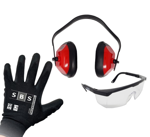 SBS® Arbeitsschutz - Set Gehörschutz Schutzbrille + 12 Paar Nylonhandschuhe