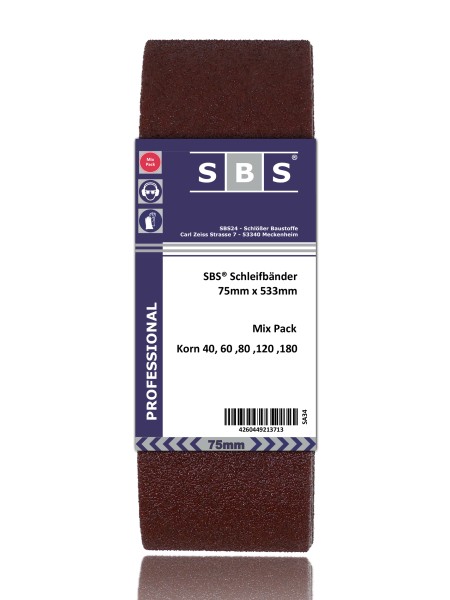 SBS® Schleifbänder 75 x 533mm Mix - Pack 10 Stück Korn 40, 60, 80, 120, 180