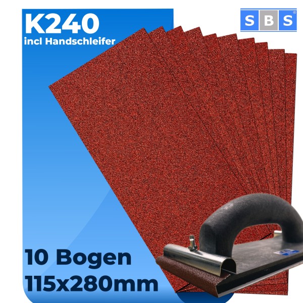 SBS® Schleifstreifen 115 x 280mm 10 Stück Korn 240 + Halter