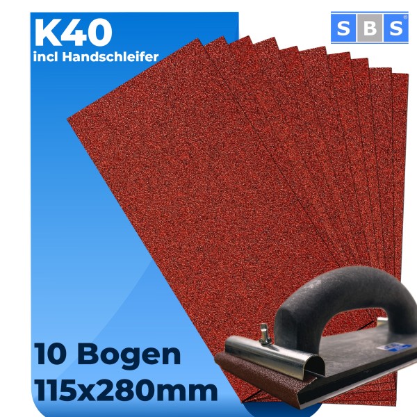 SBS® Schleifstreifen 115 x 280mm 10 Stück Korn 40 + Halter